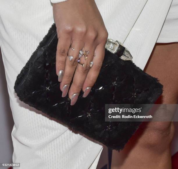 Purse fashion detail, actress Sierra Capri arrives at the premiere of Netflix's "On My Block" at NETFLIX on March 14, 2018 in Los Angeles, California.