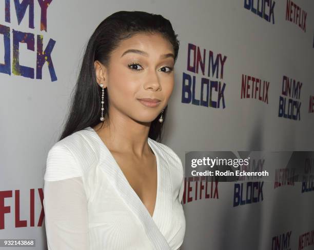 Actress Sierra Capri arrives at the premiere of Netflix's "On My Block" at NETFLIX on March 14, 2018 in Los Angeles, California.