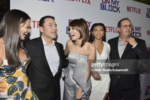 Eddie Gonzalez, Paula Garces, Ronni Hawk, Sierra Capri, and Jeremy Haft arrive at the premiere of Netflix's "On My Block" at NETFLIX on March 14,...