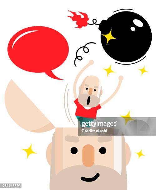 senior man standing in an open head and throwing out the big bomb - mind blown stock illustrations