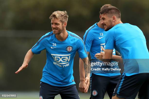 Luke Brattan and Dario Vidosic of Melbourne City participate in a drill during a Melbourne City FC A-League training session at City Football Academy...