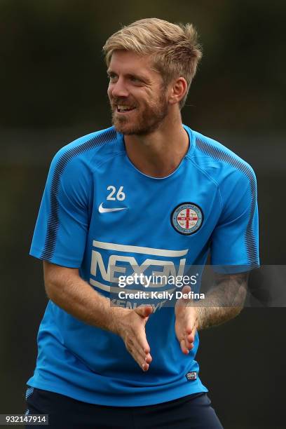 Luke Brattan of Melbourne City during a drill at a Melbourne City FC A-League training session at City Football Academy on March 15, 2018 in...
