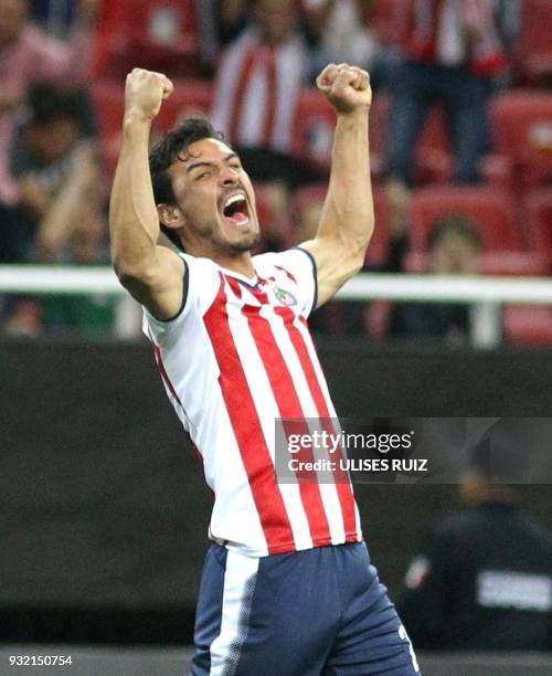 Mexican Guadalajara's defender Osvaldo Alanis celebrates after scoring a goal against US Seattle Sounders during their second leg match of the...
