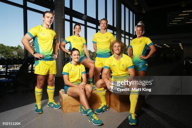 Charlie Taylor, Dominique Du Toit, Alicia Quirk, Ben ODonnell, Jesse Parahi and Emma Tonegato of the Australian men and women's Sevens teams pose...