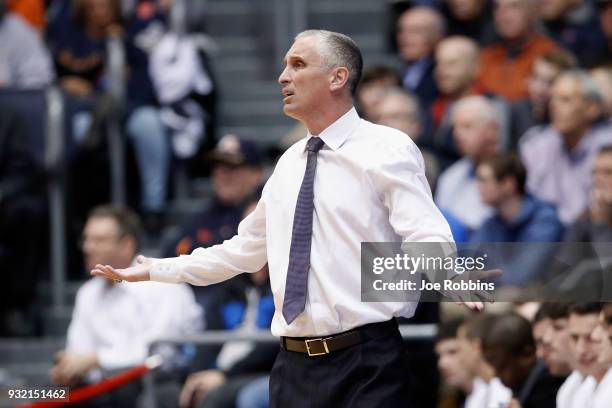 Head coach Bobby Hurley of the Arizona State Sun Devils reacts against the Syracuse Orange during the First Four of the 2018 NCAA Men's Basketball...