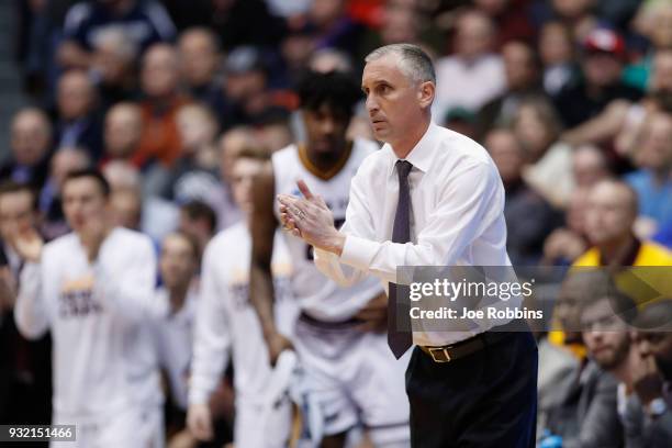 Head coach Bobby Hurley of the Arizona State Sun Devils reacts against the Syracuse Orange during the First Four of the 2018 NCAA Men's Basketball...