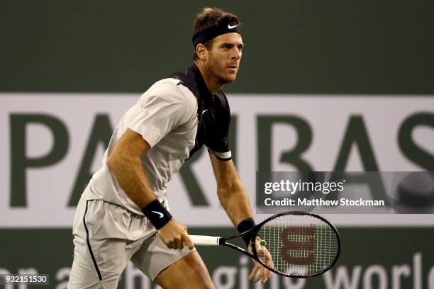 Juan Martin Del Potro of Argentina plays Leonardo Mayer of Argentina during the BNP Paribas Open at the Indian Wells Tennis Garden on March 14, 2018...