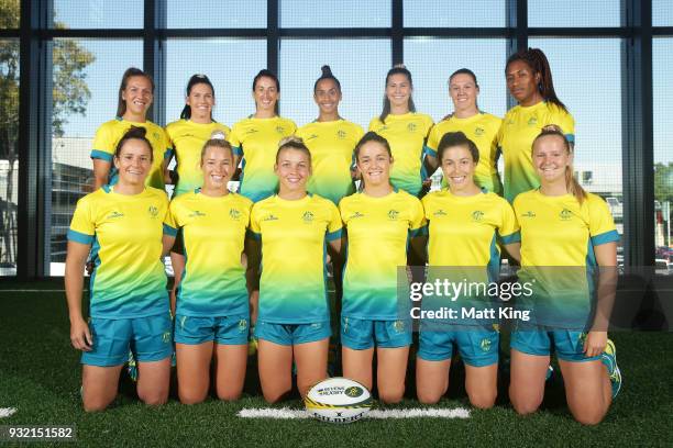 The Australian Women's Sevens team poses during the Australian Rugby Sevens Commonwealth Games Teams Announcement at the Rugby Australia building on...