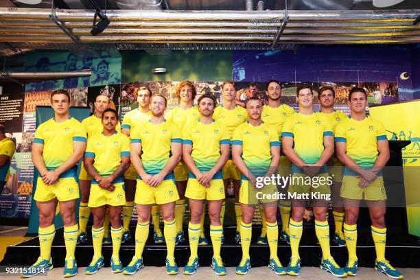 The Australian Men's Sevens team poses on stage during the Australian Rugby Sevens Commonwealth Games Teams Announcement at the Rugby Australia...