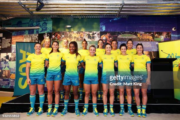 The Australian Women's Sevens team poses on stage during the Australian Rugby Sevens Commonwealth Games Teams Announcement at the Rugby Australia...