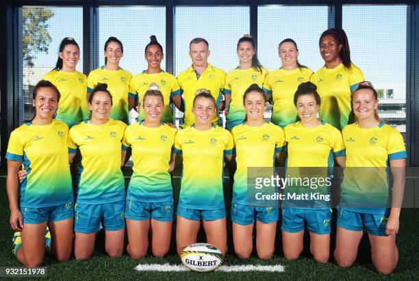 The Australian Women's Sevens team poses with coach Tim Walsh during the Australian Rugby Sevens Commonwealth Games Teams Announcement at the Rugby...