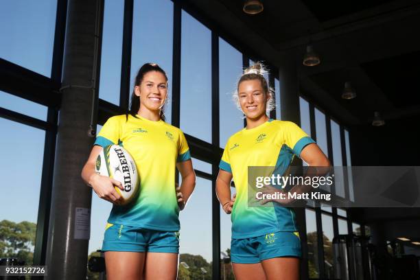 Charlotte Caslick and Emma Tonegato of the Australian Women's Sevens team pose during the Australian Rugby Sevens Commonwealth Games Teams...