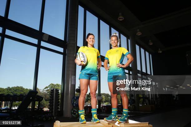 Charlotte Caslick and Emma Tonegato of the Australian Women's Sevens team pose during the Australian Rugby Sevens Commonwealth Games Teams...