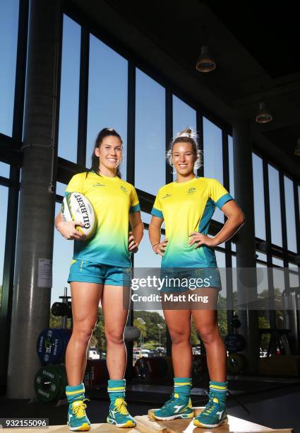 Charlotte Caslick and Emma Tonegato of the Australian Women's Sevens team pose during the Australian Rugby Sevens Commonwealth Games Teams...