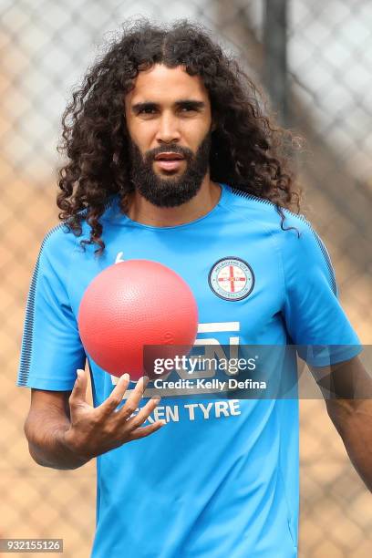 Osama Malik of Melbourne City is seen during a Melbourne City FC A-League training session at City Football Academy on March 15, 2018 in Melbourne,...