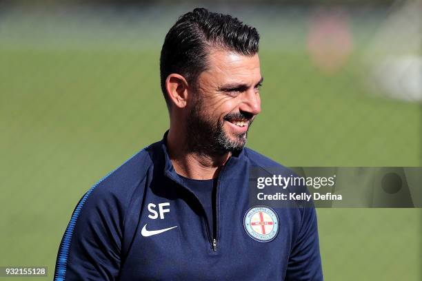 Sam Frangos, goalkeeping coach at Melbourne City is seen during a Melbourne City FC A-League training session at City Football Academy on March 15,...