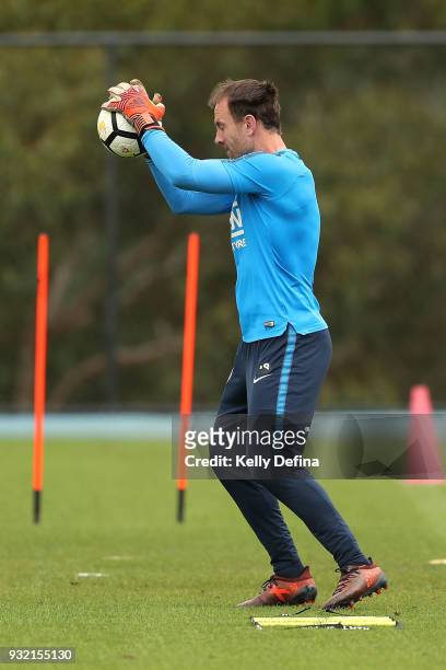 Eugene Galekovic of Melbourne City catches the ball during a Melbourne City FC A-League training session at City Football Academy on March 15, 2018...