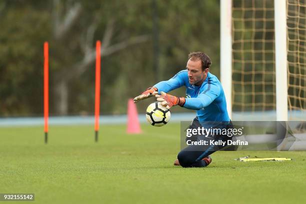 Eugene Galekovic of Melbourne City catches the ball during a Melbourne City FC A-League training session at City Football Academy on March 15, 2018...