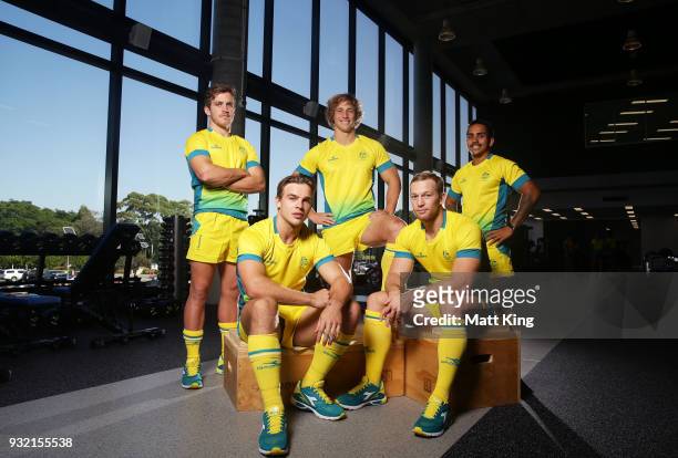 Tom Lucas, Charlie Taylor, Jesse Parahi, Boyd Killingworth and Maurice Longbottom of the Australian Men's Sevens team pose during the Australian...