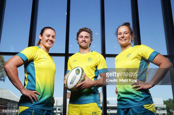 Australian Men's Sevens team captain Lewis Holland poses with Australian Women's Sevens team captains Sharni Williams and Shannon Parry during the...