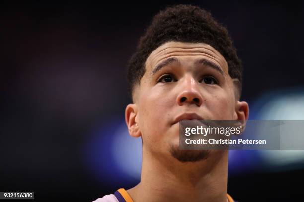 Devin Booker of the Phoenix Suns during the second half of the NBA game against the Cleveland Cavaliers at Talking Stick Resort Arena on March 13,...