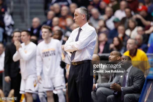 Head coach Bobby Hurley of the Arizona State Sun Devils reacts against the Syracuse Orange during the First Four of the 2018 NCAA Men's Basketball...