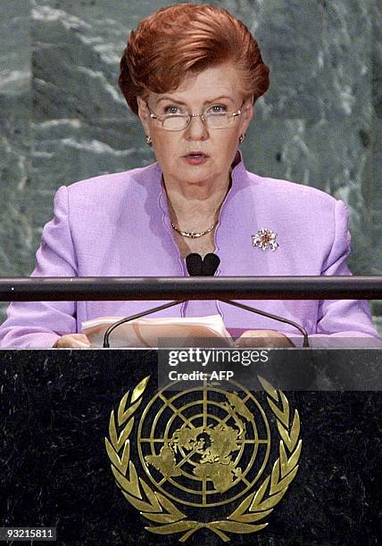 - File picture taken 22 September 2004 in New York shows President of Latvia Vaira Vike-Freiberga delivering her address during the annual debate of...