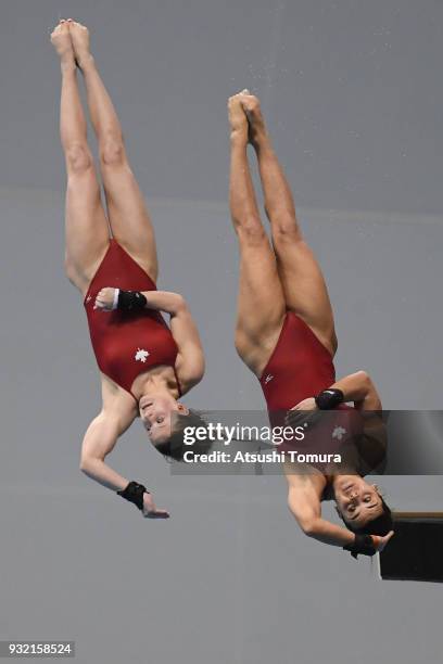 Meaghan Benfeito and Caeli Mckay of Canada compete in the Women's 10m Synchro Platform final during day one of the FINA Diving World Series Fuji at...