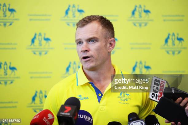 Australian Women's Sevens team coach Tim Walsh speaks to the media during the Australian Rugby Sevens Commonwealth Games Teams Announcement at the...
