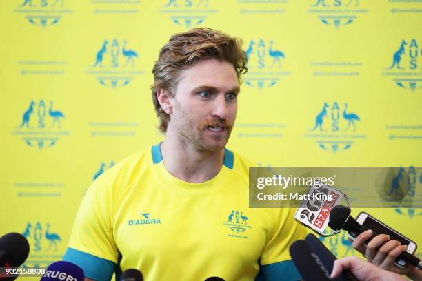 Australian Men's Sevens team captain Lewis Holland speaks to the media during the Australian Rugby Sevens Commonwealth Games Teams Announcement at...