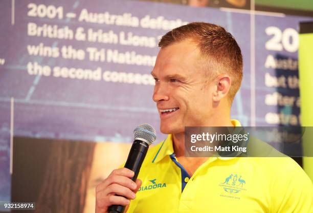 Australian Women's Sevens team coach Tim Walsh speaks during the Australian Rugby Sevens Commonwealth Games Teams Announcement at the Rugby Australia...