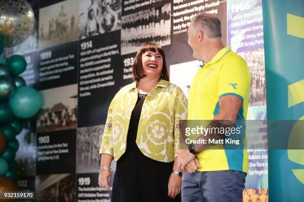 Rubgy Australia CEO Raelene Castle speaks to David Campese during the Australian Rugby Sevens Commonwealth Games Teams Announcement at the Rugby...