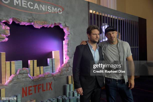 Brazilian actor Selton Mello and director Jose Padilha pose during the red carpet for the new Netflix series O Mecanisno at Belmond Copacabana Palace...