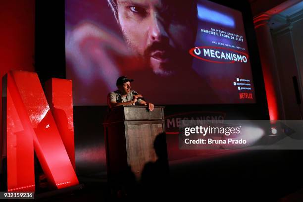 Director Jose Padilha speaks prior to the screening of the Netflix series O Mecanisno at Belmond Copacabana Palace Hotel on March 14, 2018 in Rio de...