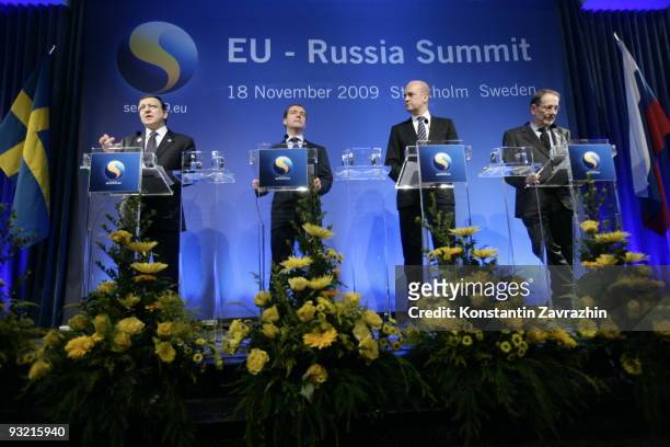 European Commission President Jose Manuel Barroso, Russian President Dmitry Medvedev, Swedish Prime Minister Fredrick Reinfeldt and EU Foreign Policy...