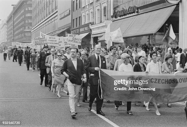 People at an Anti-USSR protest following the Soviet invasion of Czechoslovakia, London, UK, 26th August 1968.