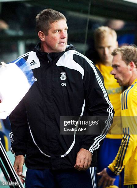 Brondby coach Kent Nielsen watches his players at Brondby stadium, on October 18, 2009. AFP PHOTO / ANDREAS HILLERGREN