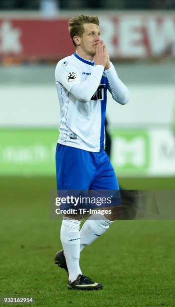 Richard Weil of Magdeburg gestures during the 3. Liga match between SC Paderborn 07 and 1. FC Magdeburg at Benteler-Arena on March 6, 2018 in...