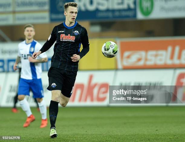 Sebastian Schonlau of Paderborn controls the ball during the 3. Liga match between SC Paderborn 07 and 1. FC Magdeburg at Benteler-Arena on March 6,...