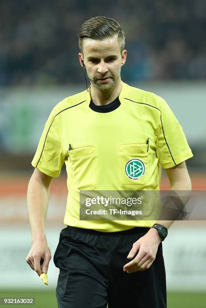 Referee Michael Bacher looks on during the 3. Liga match between SC Paderborn 07 and 1. FC Magdeburg at Benteler-Arena on March 6, 2018 in Paderborn,...