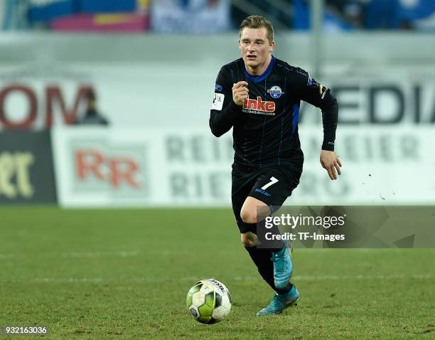 Marlon Ritter of Paderborn controls the ball during the 3. Liga match between SC Paderborn 07 and 1. FC Magdeburg at Benteler-Arena on March 6, 2018...