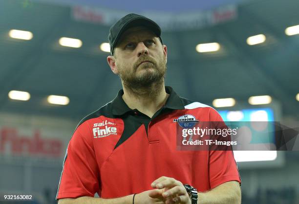 Head coach Steffen Baumgart of Paderborn looks on prior to the 3. Liga match between SC Paderborn 07 and 1. FC Magdeburg at Benteler-Arena on March...