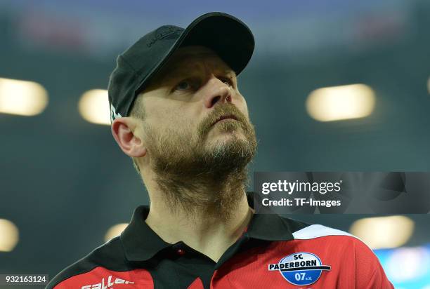 Head coach Steffen Baumgart of Paderborn looks on prior to the 3. Liga match between SC Paderborn 07 and 1. FC Magdeburg at Benteler-Arena on March...