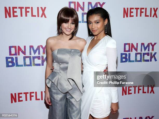 Ronni Hawk and Sierra Capri attend the premiere of Netflix's "On My Block" at NETFLIX on March 14, 2018 in Los Angeles, California.