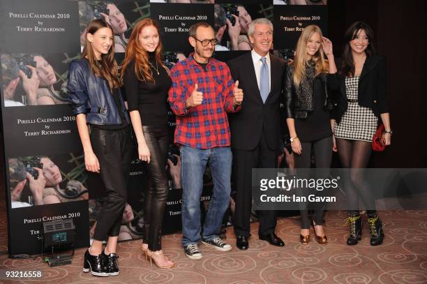Georgina Storilijtoric, Lily Cole, Terry Richardson, Meloes Horst and Daisy Lowe attend the 2010 Pirelli Calendar Launch press conference at the...