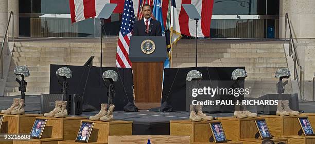 President Barack Obama addresses the Fallen Soldier Memorial at the III Corps & Fort Hood Memorial Ceremony on November 10, 2009 in Killeen, Texas,...