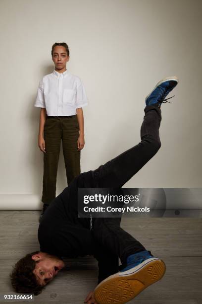 Actors Hayley Law and Brett Dier from the film "The New Romantic" pose for a portrait in the Getty Images Portrait Studio Powered by Pizza Hut at the...