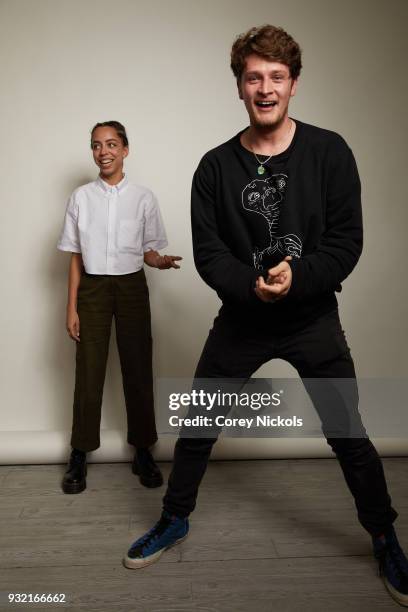 Actors Hayley Law and Brett Dier from the film "The New Romantic" pose for a portrait in the Getty Images Portrait Studio Powered by Pizza Hut at the...