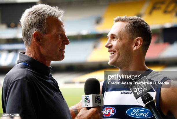 Joel Selwood of the Cats is interviewed by Sam Newman for the Footy Show during the AFL Captains Day at Etihad Stadium on March 15, 2018 in...