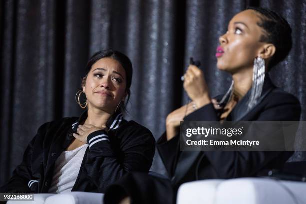 Gina Rodriguez and Sonequa Martin-Green attend 'CBS Hosts The EYEspeak Summit' at Pacific Design Center on March 14, 2018 in West Hollywood,...